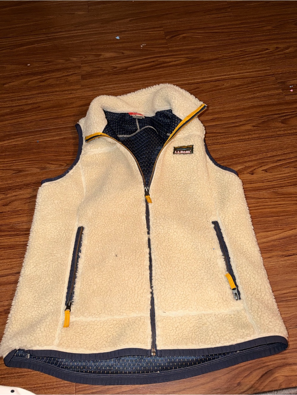 L.L. Bean Cream Sherpa Vest with Navy Trim and Yellow Accents